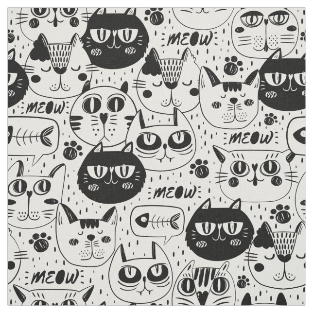 Tissu Chats blancs noirs face motif (Échantillon)