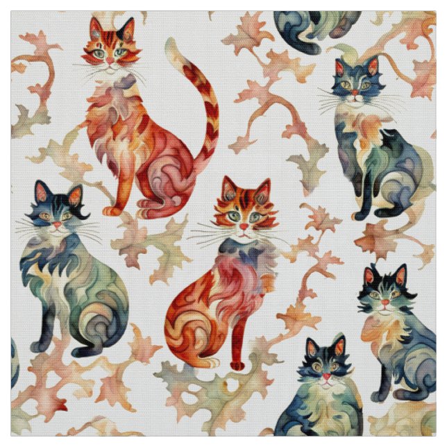 Tissu Chats dans un Motif d'aquarelle chinois (Échantillon)