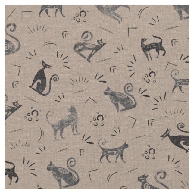 Tissu Chats d'art rupestre sur fond brun clair (Fermer)