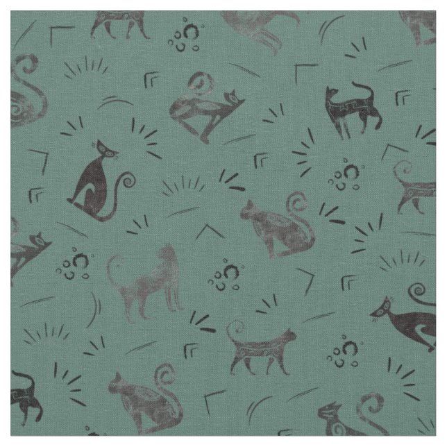 Tissu Chats de l'art rupestre sur turquoise gris foncé (Fermer)