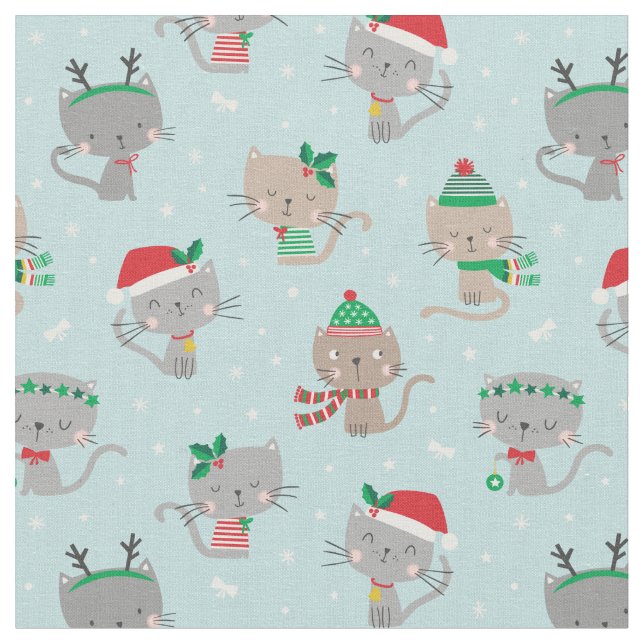 Tissu Chats de Noël mignons en bleu clair (Fermer)