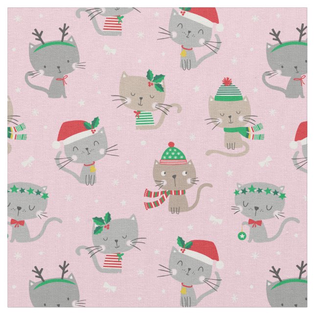 Tissu Chats de Noël mignons sur rose clair (Fermer)