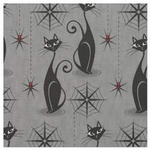 Tissu Chats Éffrayants rétro et araignées sur gris déten