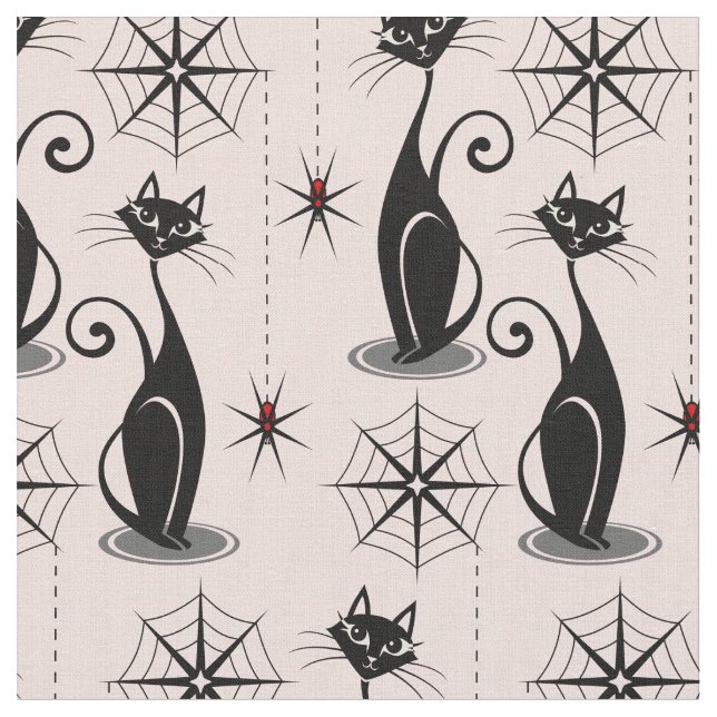 Tissu Chats et araignées Éffrayants rétro en rose (Fermer)