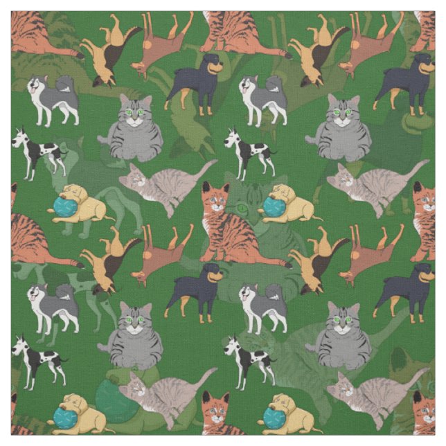 Tissu Chats et chiens motif design sur fond vert  (Échantillon)