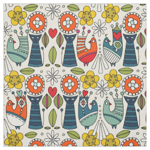 Tissu Chats et oiseaux folkloriques suédois