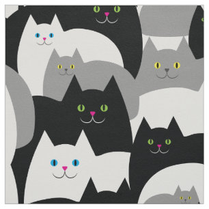 Tissu Chats gris noir et chaton blanc souriant