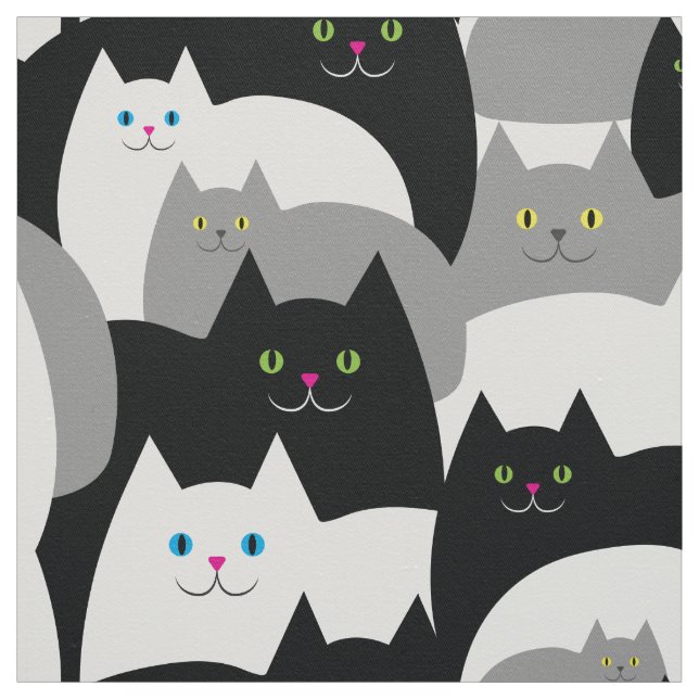 Tissu Chats gris noir et chaton blanc souriant (Échantillon)