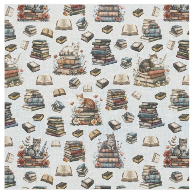 Tissu Chats & Livres sur Fond Bleu Clair (Fermer)