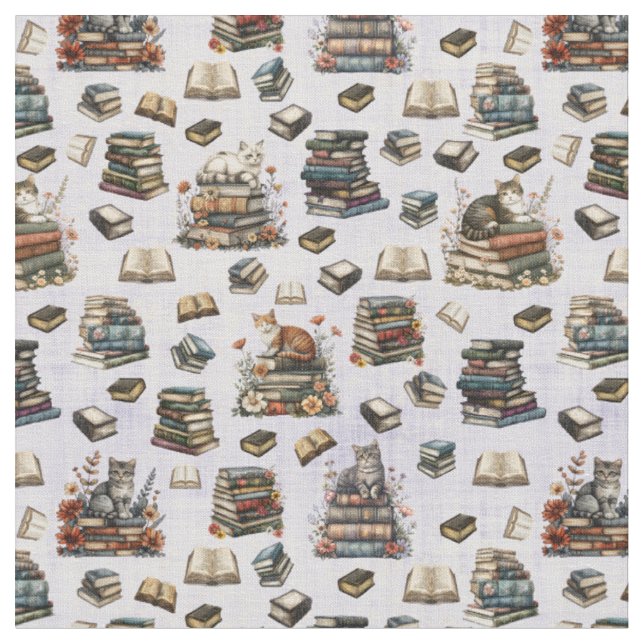 Tissu Chats & Livres sur Violet Clair (Fermer)