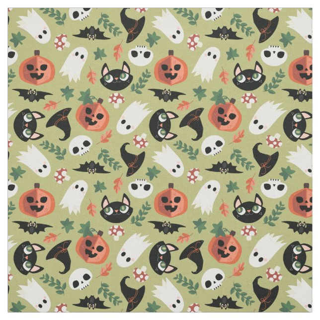 Tissu Chats mignons et Citrouille Olive Black Halloween  (Échantillon)