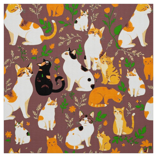 Tissu Chats mignons sur un fond brun café (Échantillon)