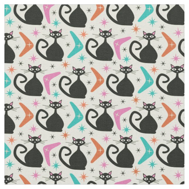 Tissu Chats noirs atomiques de milieu de siècle avec boo (Fermer)
