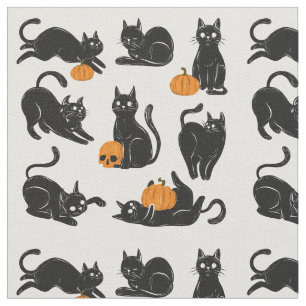 Tissu Chats noirs, Halloween, Citrouilles et crânes