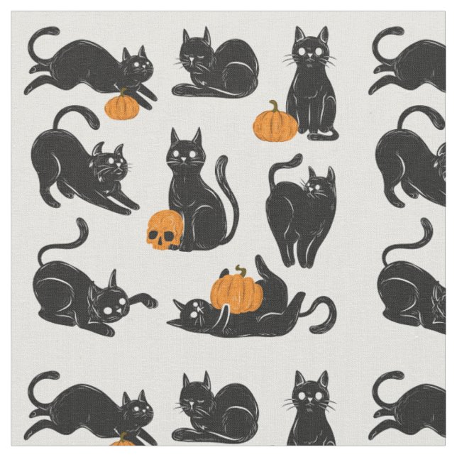 Tissu Chats noirs, Halloween, Citrouilles et crânes (Fermer)