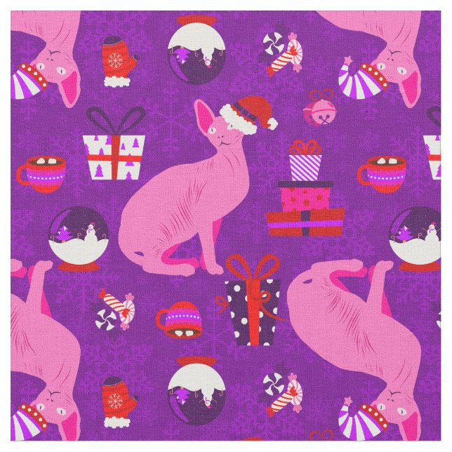 Tissu chats sphynx de Noël père Noël sphinx rose (Fermer)