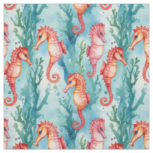 Tissu Cheval de mer avec bulles et algues Plante vie