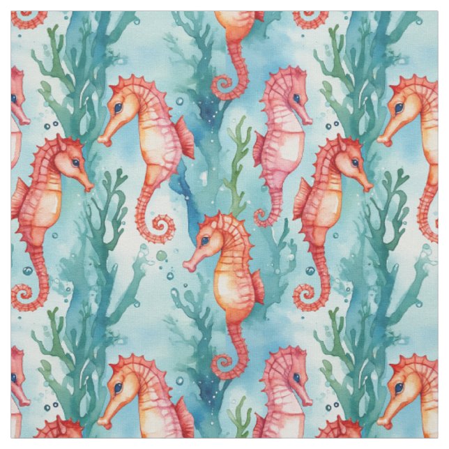 Tissu Cheval de mer avec bulles et algues Plante vie (Échantillon)