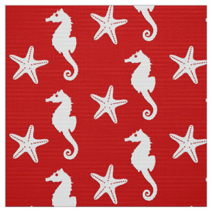 Tissu Cheval de mer et poisson d'eau - corail noir rouge