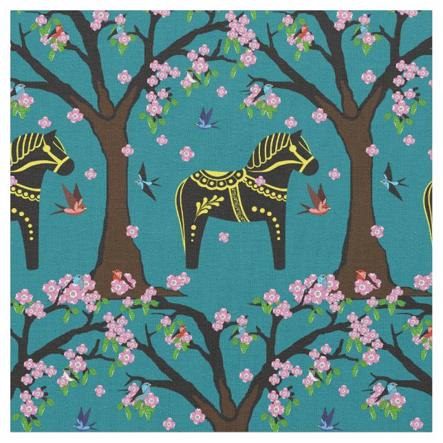 Tissu Cheval folklorique noir/jaune de Dala/oiseaux (Fermer)