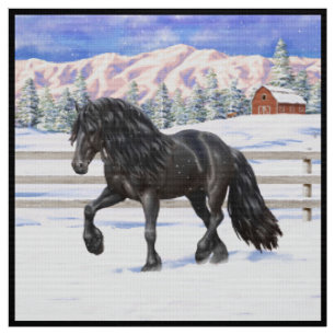 Tissu Cheval Noir Friésien En Neige