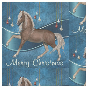 Tissu Cheval sur le bleu avec le Joyeux Noël d'ornement