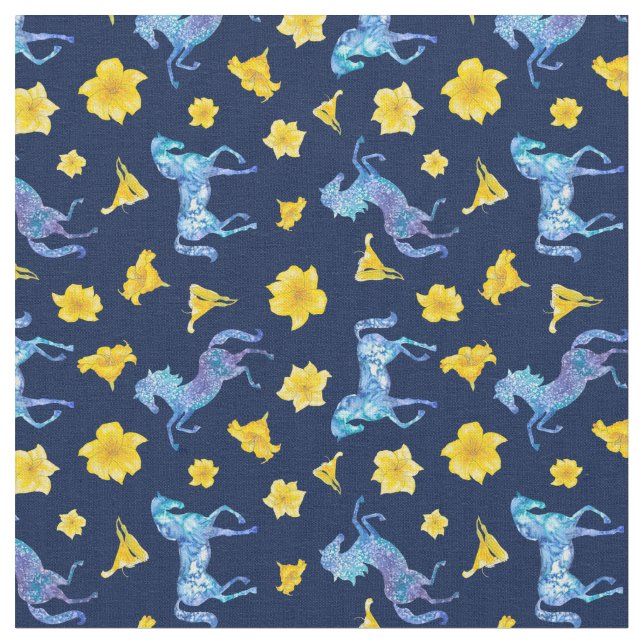 Tissu Chevaux bleus de minuit et piments jaunes (Fermer)