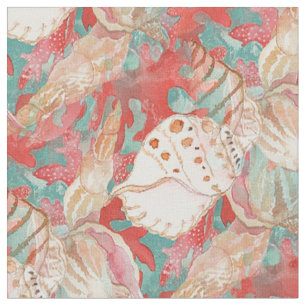 Tissu Chic Aqua Turquoise Coral Motif de coquillages rou