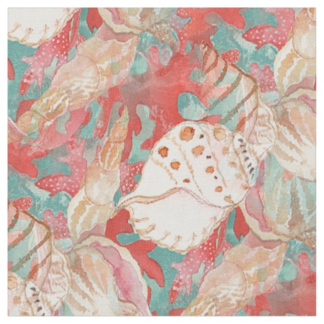 Tissu Chic Aqua Turquoise Coral Motif de coquillages rou (Fermer)