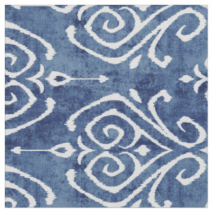 Tissu Chic bleu rustique blanc damask ikat motifs tribau