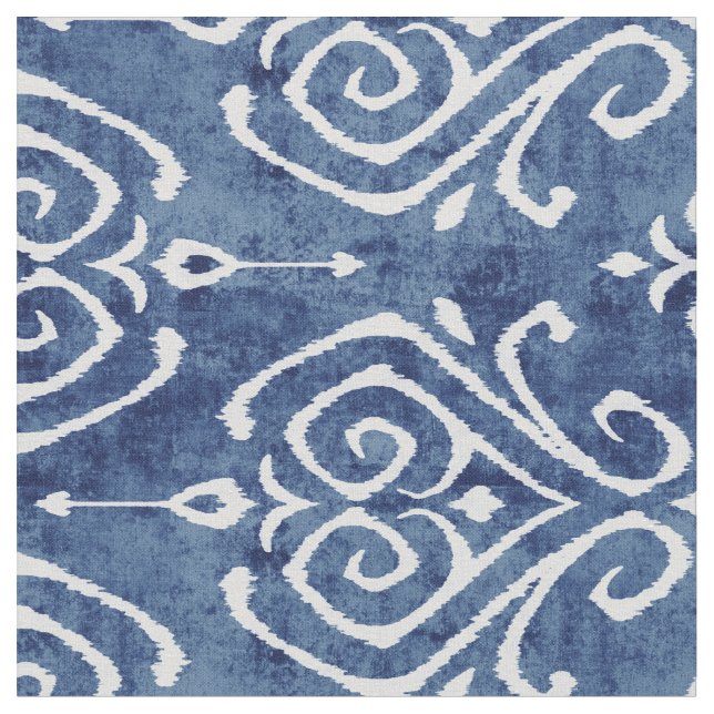 Tissu Chic bleu rustique blanc damask ikat motifs tribau (Fermer)