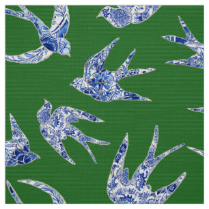 Tissu Chic Chinoiserie Swallow Birds Floral Blue Green