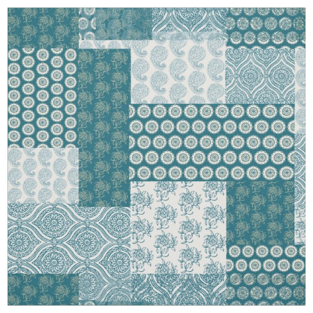 Tissu Chic ethnique Faux Patchwork Motif, Turquoise et b (Échantillon)