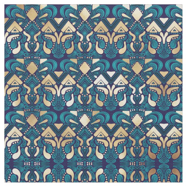 Tissu Chic Hipster Gold Emerald Blue Tribal Artsy Damask (Fermer)