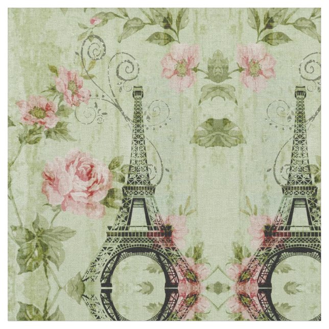 Tissu chic tour de paris fleuris rose à la menthe de pri (Fermer)