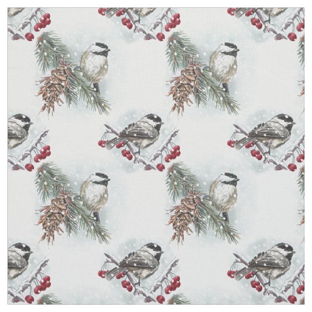 Tissu Chickadee d'hiver Aquarelle Noël (Échantillon)