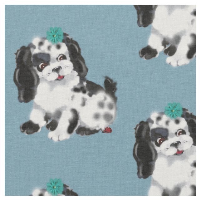 Tissu Chien blanc noir Ladybug Blue Vintage Nursery (Fermer)