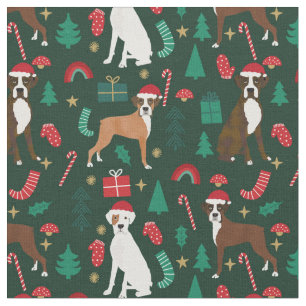 Tissu Chien de boxe joli Noël vert foncé