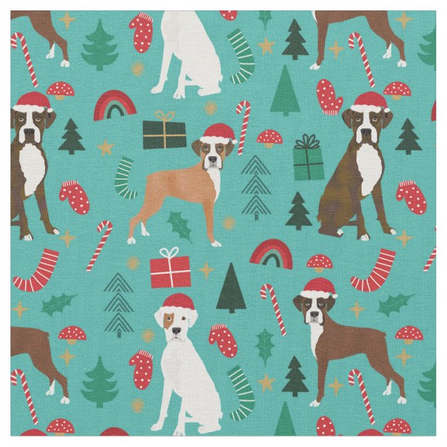 Tissu Chien de boxe turquoise de Noël mignon (Fermer)