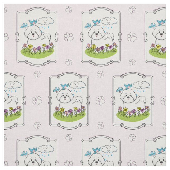 Tissu Chien de levure Bichon de printemps avec fleurs -  (Échantillon)