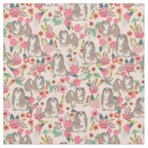 Tissu Chien de Lhassa Apso vintage floraux rose pastel