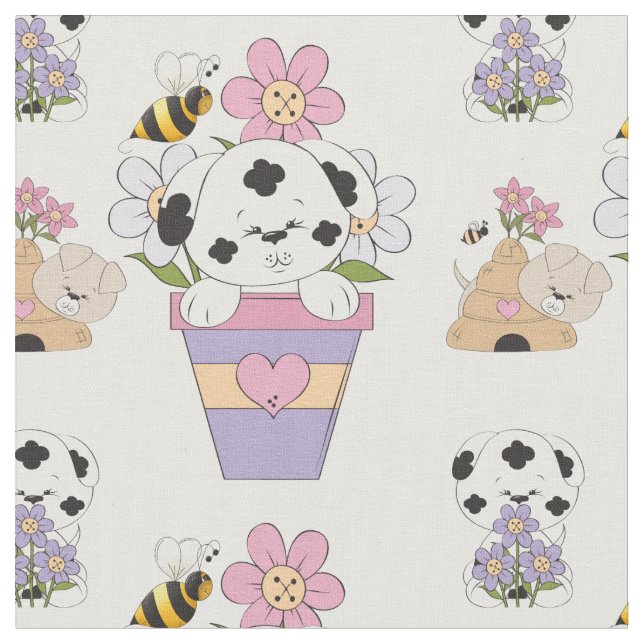 Tissu Chien et fleurs mignonnes de chiot (Fermer)