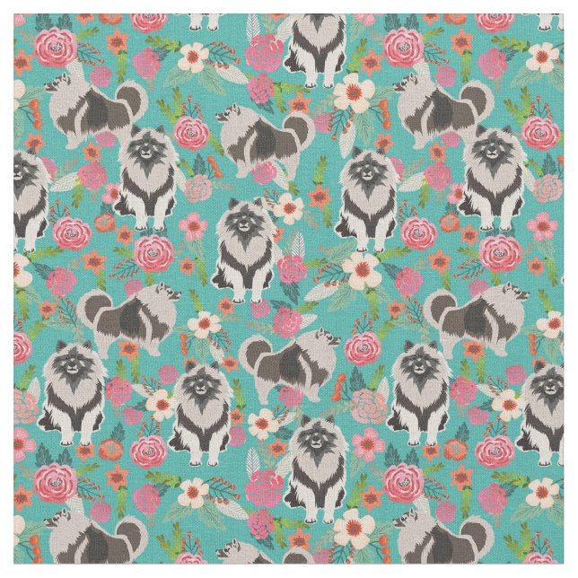 Tissu chien kéeshonté vintage floral turquoise (Fermer)