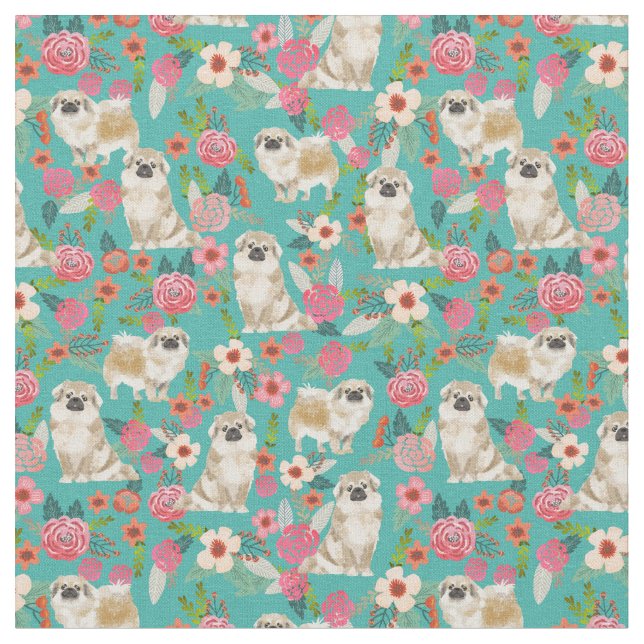 Tissu Chien mignon tibétain espagnol floral vintage (Fermer)
