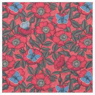 Tissu Chien rose et papillons en rouge et bleu