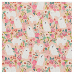 Tissu chien spitz japonais floral vintage pêche