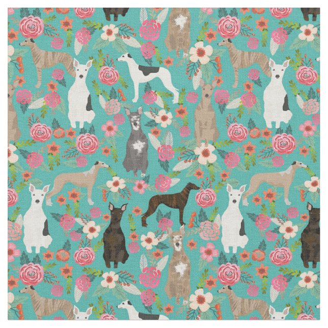Tissu chiens blancs vintage floral turquoise (Fermer)