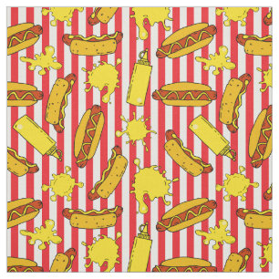 Tissu Chiens chauds et moutarde sur Red White Stripes So