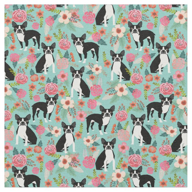 Tissu Chiens de Boston Terrier vintages floraux (Fermer)