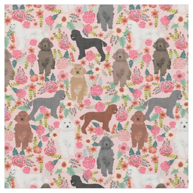 Tissu chiens de caniche vintage floral rose (Fermer)